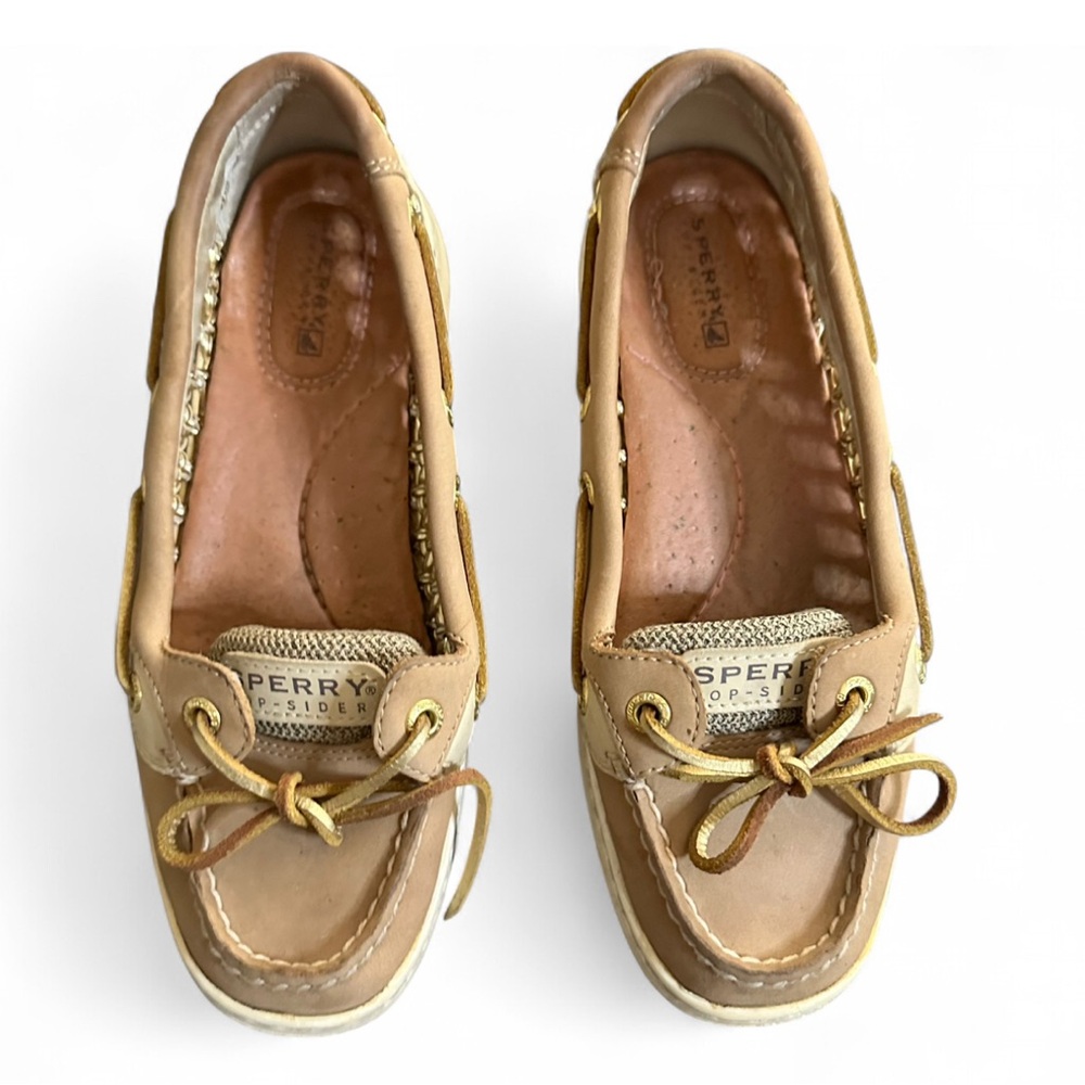Sperry Angelfish Boat Shoe Loafers Tan Gold Mesh Cut Outs size 6M